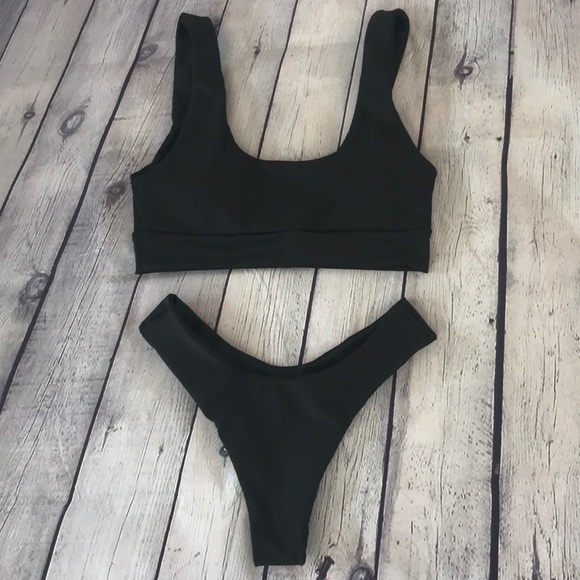 Black Brazilian 2 Piece Crop Swimsuit Bikini - Picture 7 of 8